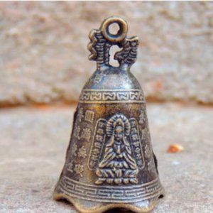 Antique Buddhist Brass Bell with Praying Sculptur